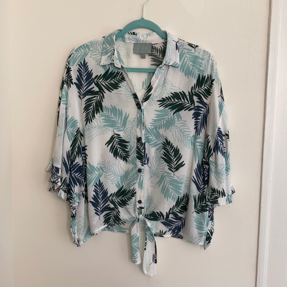Skies Are Blue Tropical Palm Gauzy Ruffled Bat Wing Aloha Tie Top Size Large - Picture 10 of 10